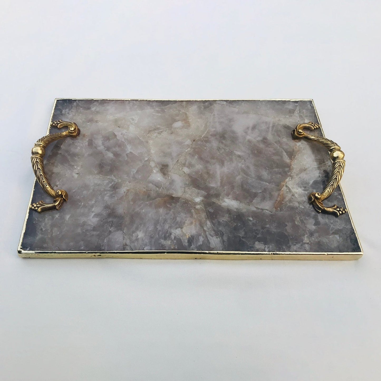 Smoky Quartz Agate Serving Tray With Brass Handles