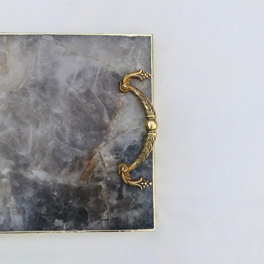 Smoky Quartz Agate  Serving Tray With Brass Handles